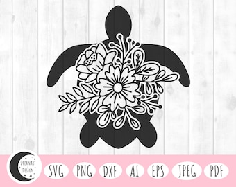 Könnte beinhalten: Schwarz-weiße Silhouette einer Schildkröte mit einem floralen Design auf ihrem Panzer. Die Blumen sind stilisiert und beinhalten eine große Gänseblümchen in der Mitte.