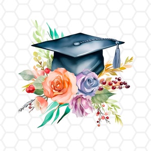 K&ouml;nnte beinhalten: Aquarell-Illustration einer Abschlusskappe mit Quaste, umgeben von bunten Rosen und Gr&uuml;nzeug. Die Blumen umfassen orange, lila und rosa Bl&uuml;ten, rote Beeren und gr&uuml;ne Bl&auml;tter. Der Hintergrund ist ein wei&szlig;es Wabenmuster.