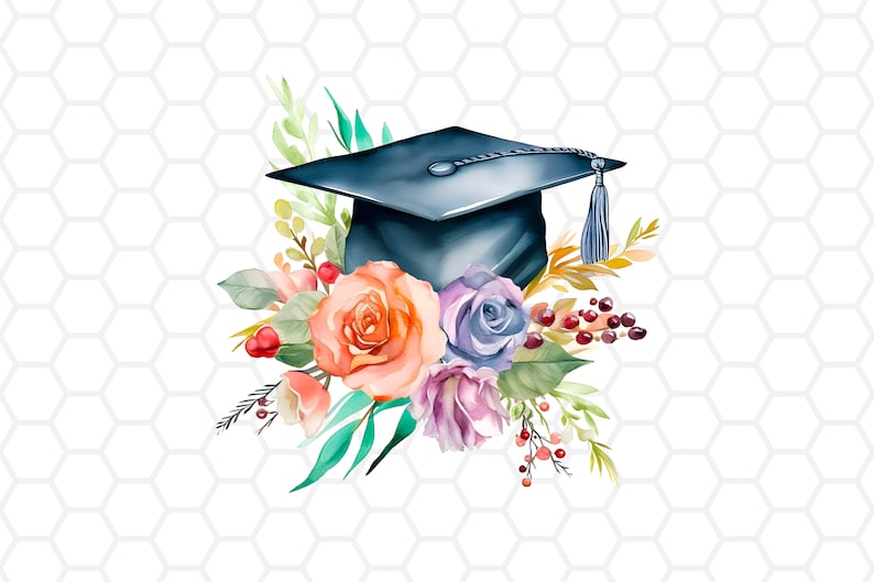 K&ouml;nnte beinhalten: Aquarell-Illustration einer Abschlusskappe mit Quaste, umgeben von bunten Rosen und Gr&uuml;nzeug. Die Blumen umfassen orange, lila und rosa Bl&uuml;ten, rote Beeren und gr&uuml;ne Bl&auml;tter. Der Hintergrund ist ein wei&szlig;es Wabenmuster.