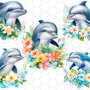 Lot de cliparts dauphins floraux aquarelle, fichiers png pour sublimation, clipart dauphin, png dauphin, clipart nautique, clipart océan
