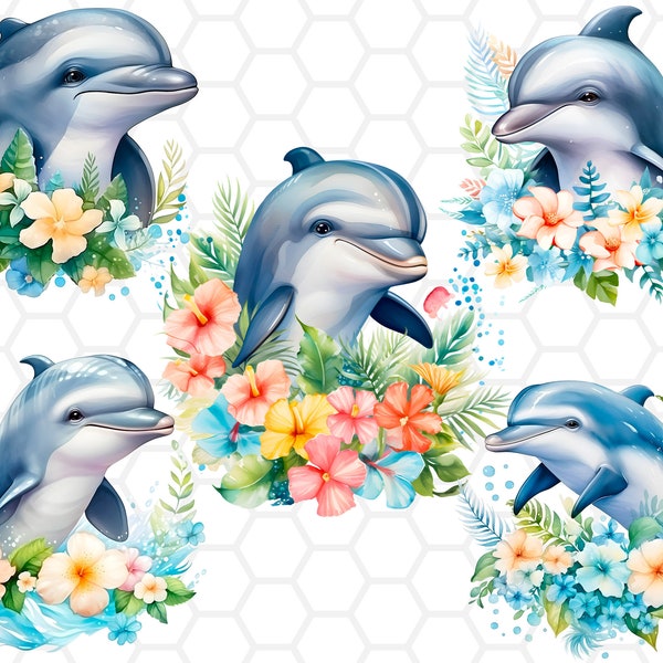 Aquarell Floral Dolphin Clipart Bundle, Png-Dateien für Sublimation, Delfin Clipart, Delfin png, nautische Clipart, Ozean Clipart