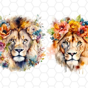 Cliparts de lion floral aquarelle, motifs par sublimation, transferts par sublimation prêts à être imprimés, clipart lion, sublimation de lion, lion png thumbnail