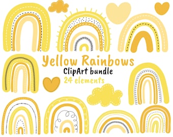 Yellow Rainbow Clipart: Boho Design Elements (PNG)