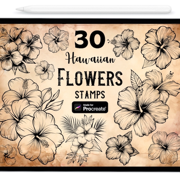 30 Hawaiian Flower Procreate Stamp Brushes, Procreate Brushes, Procreate Stamps, Flower Procreate Brushes, Procreate Flower Stamps