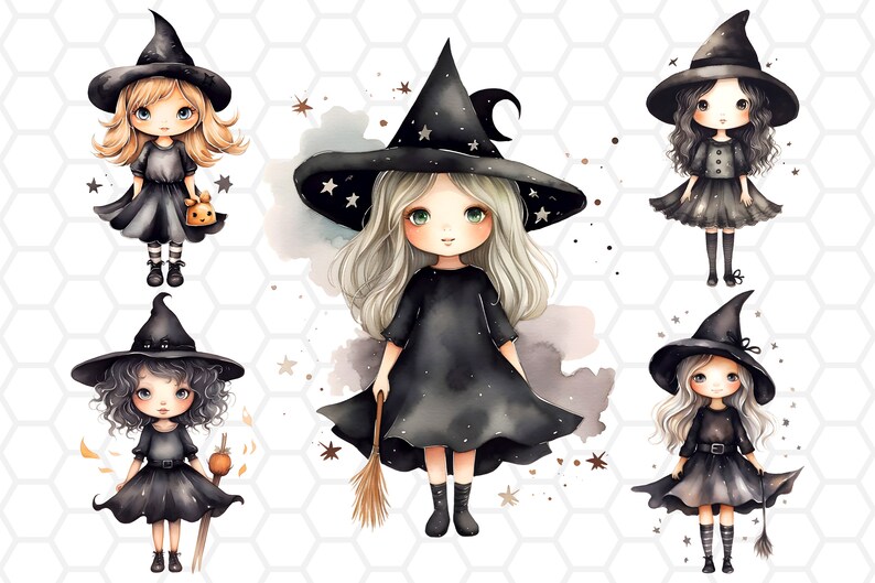 May include: Five cute cartoon witches with black dresses and pointy hats. Each witch has a different hairstyle and accessories. The witches are on a white background with a honeycomb pattern.