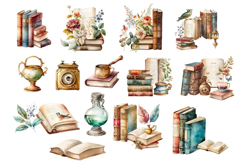 Watercolor Book Clipart Bundle: Floral Book PNG Designs (Digital Download) image 2