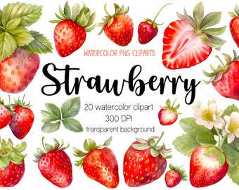 Watercolor strawberry cliparts, strawberry clipart, strawberry png, fruit clipart, fruit png, watercolor clipart, watercolor png