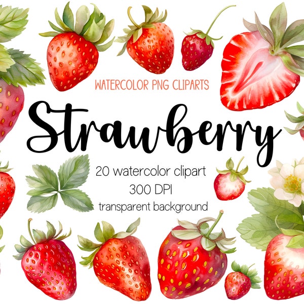 Watercolor strawberry cliparts, strawberry clipart, strawberry png, fruit clipart, fruit png, watercolor clipart, watercolor png