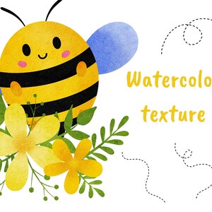 May include: A watercolor illustration of a cute cartoon bee with black and yellow stripes, blue wings, and a smiling face. The bee is surrounded by yellow flowers and green leaves. The text "Watercolor texture" is written in yellow letters below the bee.