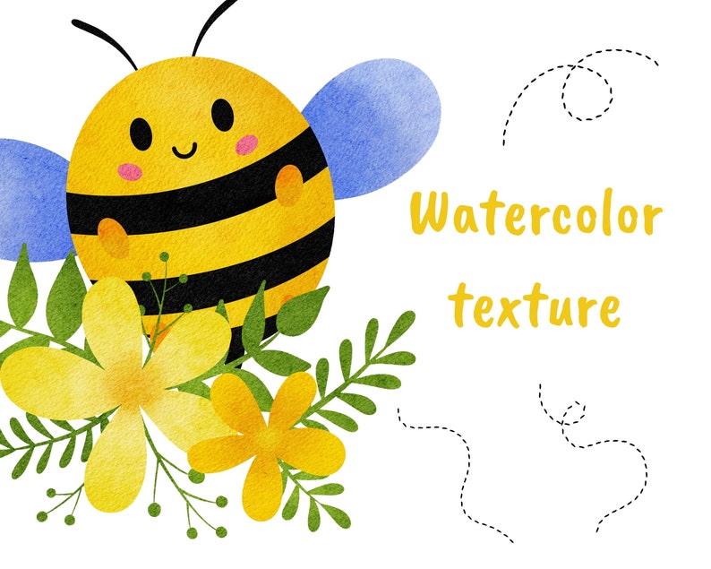 May include: A watercolor illustration of a cute cartoon bee with black and yellow stripes, blue wings, and a smiling face. The bee is surrounded by yellow flowers and green leaves. The text "Watercolor texture" is written in yellow letters below the bee.