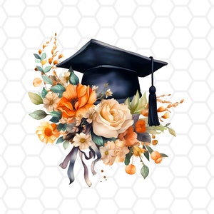 K&ouml;nnte beinhalten: Aquarell-Illustration einer Abschlusskappe mit schwarzer Quaste, umgeben von einem Blumenstrau&szlig; aus orangefarbenen, gelben und cremefarbenen Blumen und Gr&uuml;n. Der Hintergrund ist ein wei&szlig;es Wabenmuster.