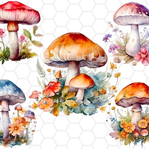 Pacote de clipart de cogumelo floral em aquarela, arquivos png para sublimação, clipart de cogumelo, png de cogumelo, sublimação de cogumelo, clipart de outono
