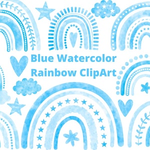 Könnte beinhalten: Blauer Aquarell-Regenbogen-Clipart-Set mit verschiedenen Designs, darunter Sterne, Herzen und Wolken. Perfekt, um Ihren Projekten einen Hauch von Verspieltheit zu verleihen.