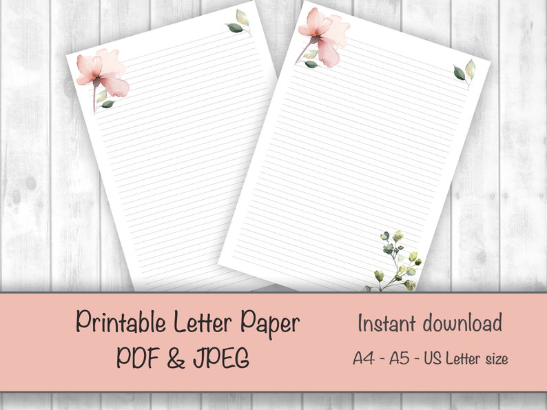 Floral Printable Letter Paper, Line Sheet, Floral Printable Letter Paper, Writing Paper Printable, Letter Writing Set image 3