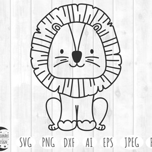 May include: A black and white line drawing of a cartoon lion with a large mane. The lion is sitting with its paws tucked under its body and has a friendly expression on its face.