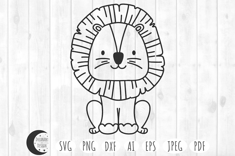 May include: A black and white line drawing of a cartoon lion with a large mane. The lion is sitting with its paws tucked under its body and has a friendly expression on its face.
