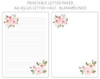 Carta da lettere floreale stampabile: carta da lettere a righe e bianca (download digitale)