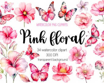 May include: Watercolor clipart featuring pink flowers and butterflies. The image includes various floral designs, such as hibiscus and peonies, along with several butterflies. Text reads "Pink floral" and "34 watercolor clipart".