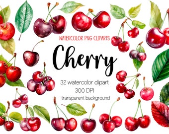 Watercolor Cherry Clipart Set: 32 PNG Fruit Designs (Digital Download)