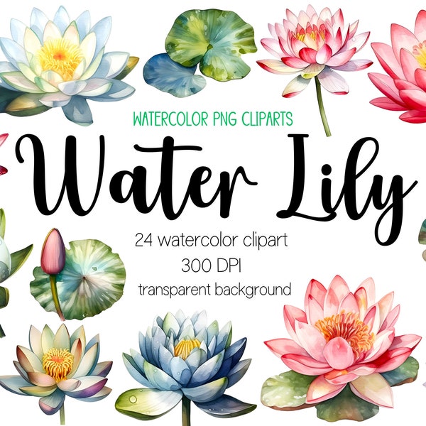 Watercolor Water Lily cliparts, water lily clipart, water lily png, watercolor clipart, watercolor png, sublimation designs, clipart bundle