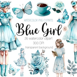 Light Blue Watercolor Girl Clipart Bundle, girl clipart, watercolor png, girl png, watercolor clipart, clipart bundle, floral clipart