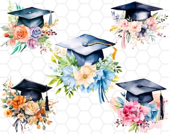Aquarell Graduation Cap PNG Clipart: Blumendekoration (Digitaler Download)