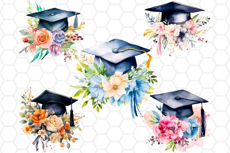 K&ouml;nnte beinhalten: Aquarell-Illustrationen von Abschlusskappen, die mit Blumenarrangements verziert sind. Jede Kappe ist schwarz mit einer Quaste, umgeben von bunten Blumen in Rosa-, Orange-, Blau- und Lilat&ouml;nen mit gr&uuml;nem Laub.