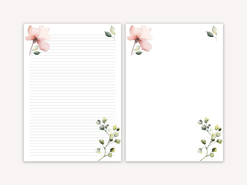 Floral Printable Letter Paper, Line Sheet, Floral Printable Letter Paper, Writing Paper Printable, Letter Writing Set image 1