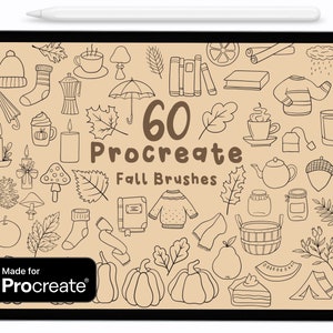 Pode incluir: Uma ilustração digital de 60 pincéis desenhados à mão com tema de outono para Procreate. Os pincéis incluem imagens de abóboras, folhas, bolotas, suéteres e muito mais.