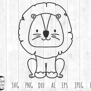 May include: A black and white line drawing of a cartoon lion with a large mane. The lion is sitting with its paws crossed and has a friendly expression.