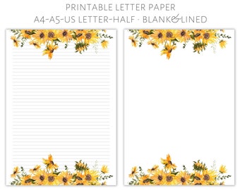 Printable letter paper, Sunflower paper, letter writing paper, decorative paper, pretty letter paper, fancy letter paper, floral paper