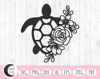 May include: Black and white silhouette of a turtle with floral accents. The turtle is facing the right side of the image. The flowers are on the right side of the turtle's shell.