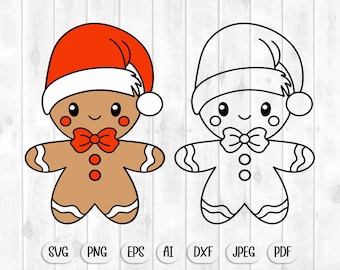 Könnte beinhalten: Ein Lebkuchenmann, der einen roten und weißen Weihnachtsmann-Hut mit einer roten Schleife trägt. Daneben ist eine schwarz-weiße Umrandung desselben Lebkuchenmanns abgebildet.