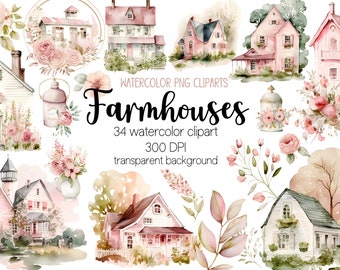 Pink Shabby Chic Farmhouse Clipart Bundle: Watercolor PNG Set (Digital Download)