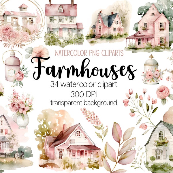 Pink shabby chic watercolor farmhouse clipart bundle, farmhouse clipart, watercolor clipart, watercolor png, shabby chic png, shabby chic