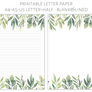 Printable floral letter paper, letter writing paper, letter stationery, letter writing set, pretty letter paper, writing paper, Green Leaves