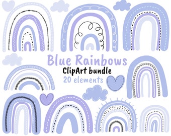 Blue Boho Rainbow Clipart: Nursery Decor Graphics (PNG)