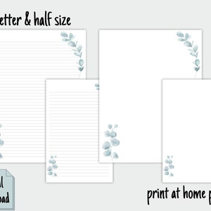 K&ouml;nnte beinhalten: Druckbarer Briefpapier-Satz mit einem Eukalyptus-Blatt-Design. Das Set enth&auml;lt zwei Gr&ouml;&szlig;en: US-Brief und halbe Gr&ouml;&szlig;e. Der Text "digitaler Download" und "Drucken zu Hause" ist im Bild enthalten.