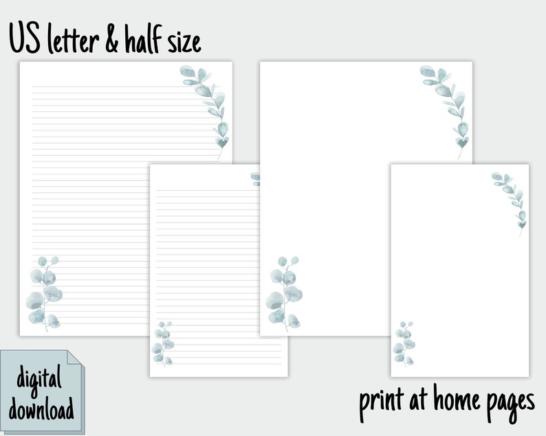 K&ouml;nnte beinhalten: Druckbarer Briefpapier-Satz mit einem Eukalyptus-Blatt-Design. Das Set enth&auml;lt zwei Gr&ouml;&szlig;en: US-Brief und halbe Gr&ouml;&szlig;e. Der Text "digitaler Download" und "Drucken zu Hause" ist im Bild enthalten.
