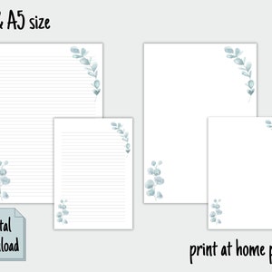 K&ouml;nnte beinhalten: Bedruckbares, liniertes Papier mit einem Aquarell-Eukalyptusblatt-Design in Blaut&ouml;nen und Gr&uuml;n. Das Papier ist in den Gr&ouml;&szlig;en A4 und A5 erh&auml;ltlich. Der Text "digitaler Download" und "Drucken zu Hause" ist im Bild enthalten.