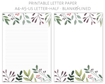 Papier à lettres floral imprimable, papier à écrire, papeterie à lettres, ensemble d’écriture de lettres, joli papier à lettres, papier à écrire, feuillage