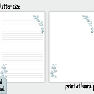 K&ouml;nnte beinhalten: Druckbares Briefpapier im Format halbes Briefpapier mit einem blauen Aquarell-Eukalyptusblatt-Design. Der Text "digitaler Download" und "Drucken zu Hause" ist im Bild enthalten.