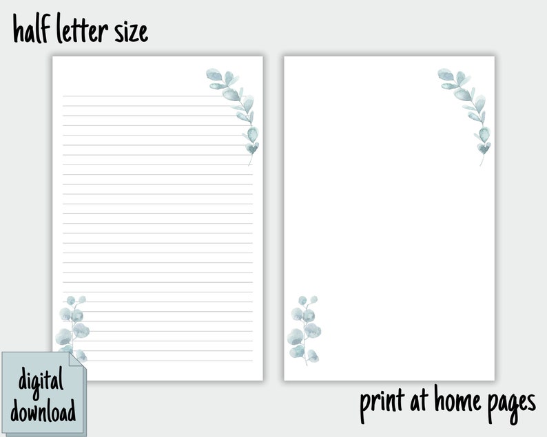 K&ouml;nnte beinhalten: Druckbares Briefpapier im Format halbes Briefpapier mit einem blauen Aquarell-Eukalyptusblatt-Design. Der Text "digitaler Download" und "Drucken zu Hause" ist im Bild enthalten.