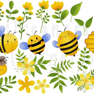 May include: Watercolor illustration of bees, flowers, and a honeycomb. The bees are yellow and black with blue wings. The flowers are yellow and have green leaves. The honeycomb is yellow and has a small opening. The illustration is on a white background.