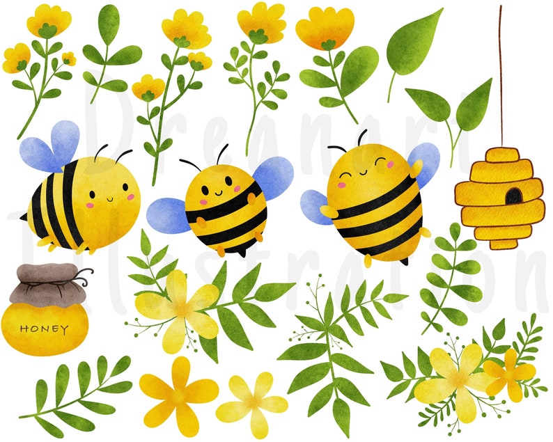 May include: Watercolor illustration of bees, flowers, and a honeycomb. The bees are yellow and black with blue wings. The flowers are yellow and have green leaves. The honeycomb is yellow and has a small opening. The illustration is on a white background.