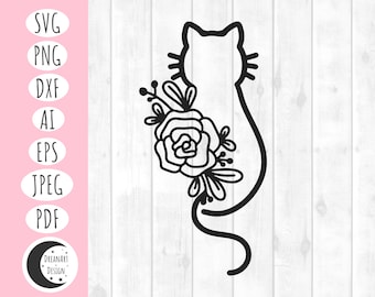 Floral Cat SVG: Boho Kitty Outline, Cricut Silhouette (Digital Files)