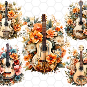Bloemen gitaarsublimatie Cliparts, gitaar clipart, gitaar, instrument clipart, instrument png, muziek clipart, muziek png, aquarel clipart