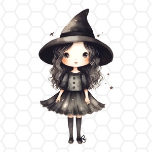 May include: A cute cartoon witch with long black hair wearing a black witch hat and a black dress with white stars. She is standing on a white background with a hexagonal pattern.
