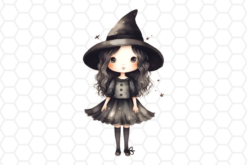 May include: A cute cartoon witch with long black hair wearing a black witch hat and a black dress with white stars. She is standing on a white background with a hexagonal pattern.