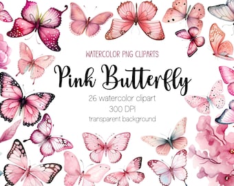 Watercolor Butterfly Clipart Bundle: Pink PNG Designs (Digital Download)